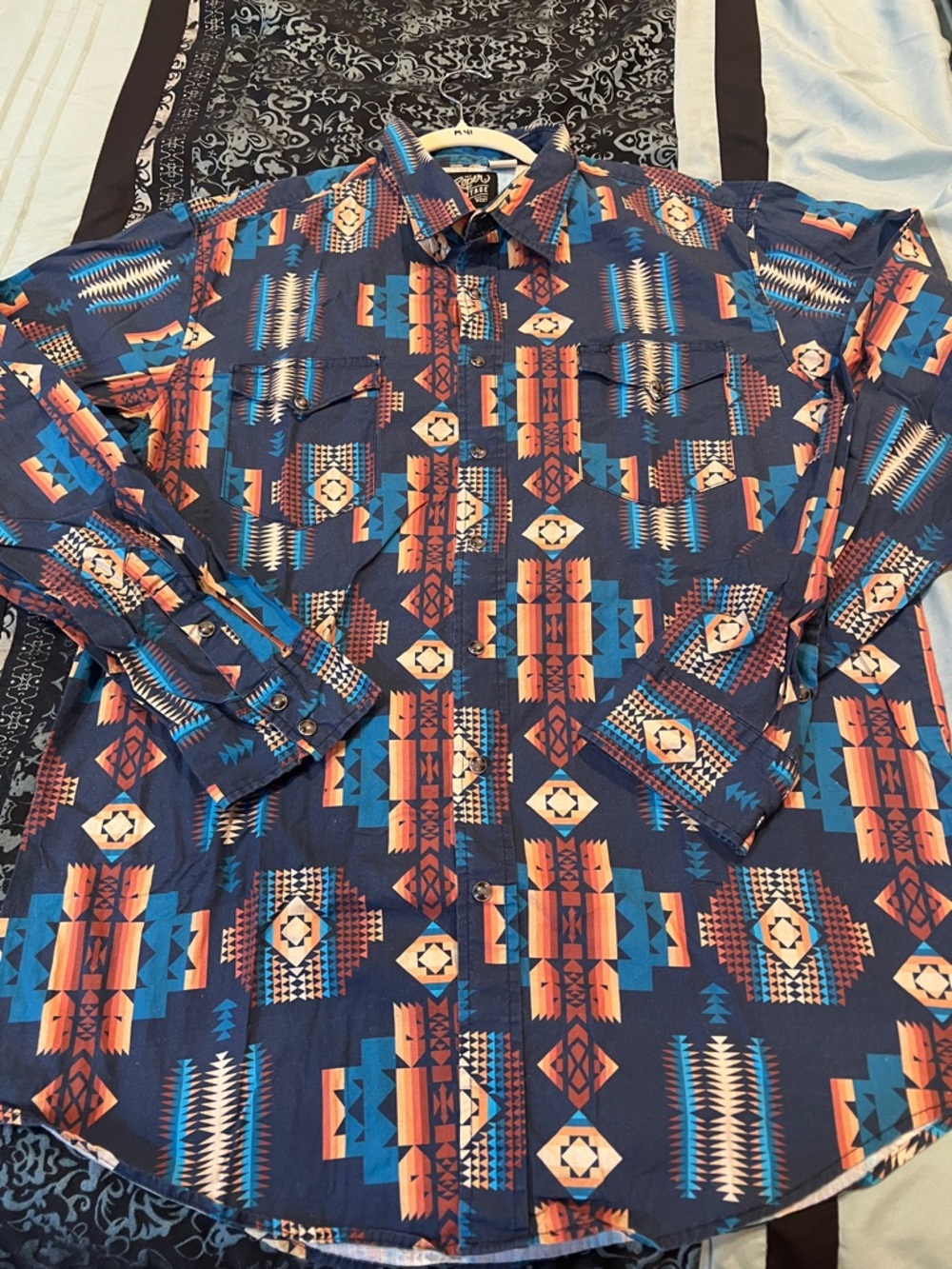 Roper Navy Aztec Print Button-Down Shirt with Orange and Blue Accents